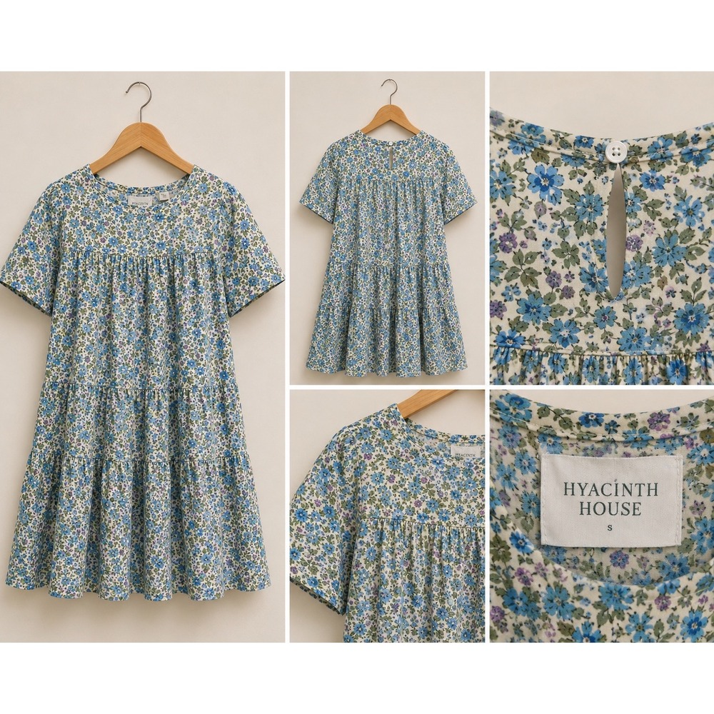 Hyacinth House Blue Floral Tiered Babydoll Mini Dress Womens Small Short Sleeve